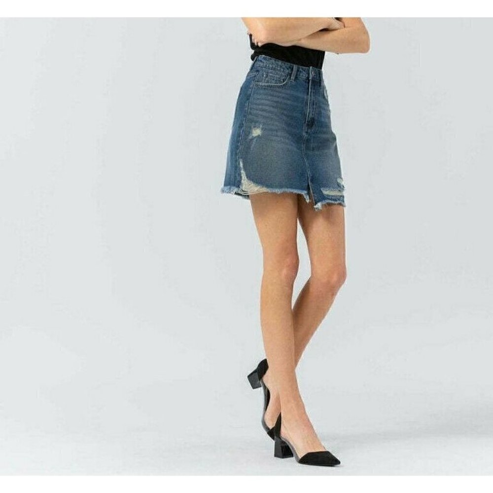 Vervet Denim Blue Claudia Distressed Raw Hem Mini Skirt VT676